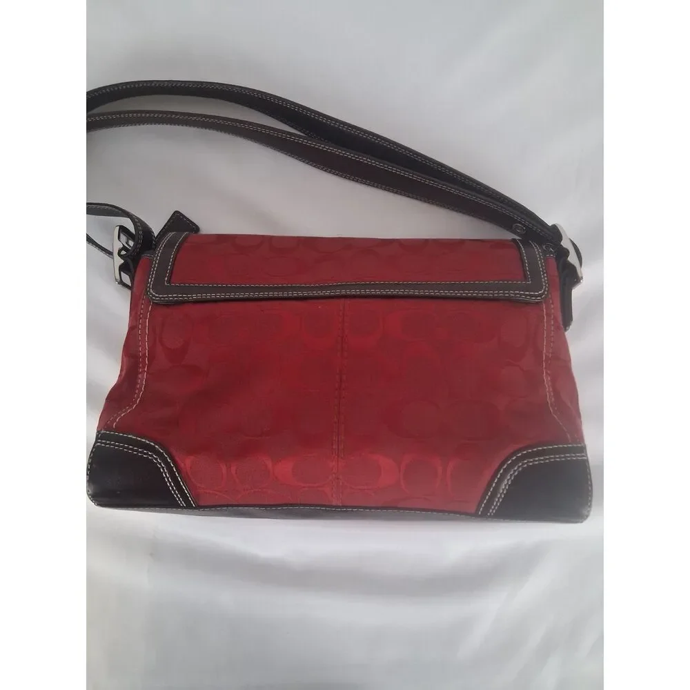 Coach Red Signature Jacquard Flap Crossbody Shoulder Bag Brown Leather F13947